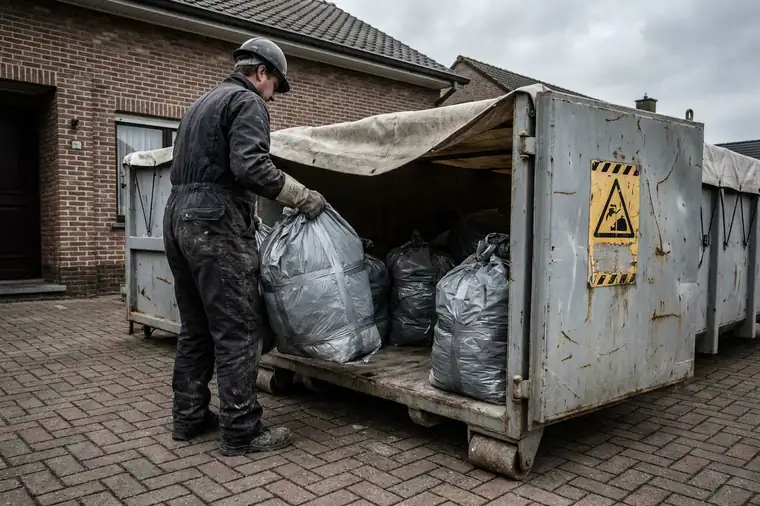 Dubbel verpakte en gemerkte asbestplaten die in een aparte container worden geladen