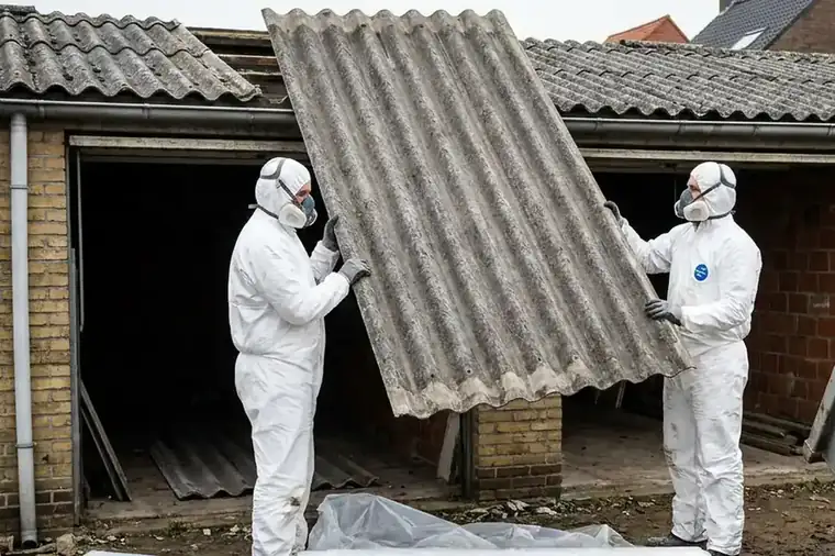 Werknemer in beschermpak die golfplaten van een dak neemt en in gemerkte folie verpakt